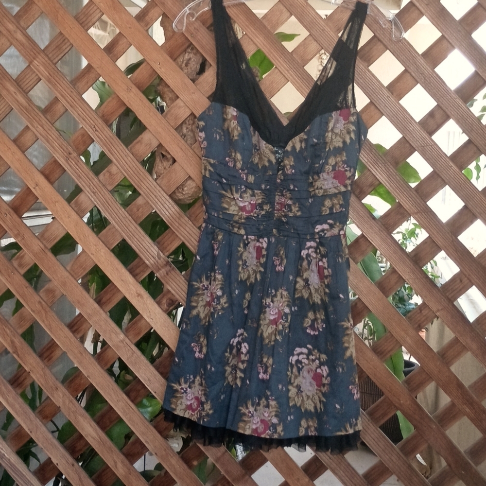 Free People Blue Sateen Floral Dress, Black Mesh Shoulders & Underskirt Sz Small